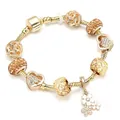 Golden snake chain bracelet with floral charms, heart pendants and amber rhinestones - White Floral Style (Style 003) / 16cm