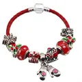 Red braided leather Christmas charm bracelet with Santa, snowflake and gift box charms - 16cm / Santa Sleigh and Pink Heart Mittens Style (No. 004) / Red