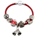 Red braided leather Christmas charm bracelet with Santa Claus and snowflake beads - 16cm / Santa Claus & Snowflake with Small Bells (Style 001) / Red