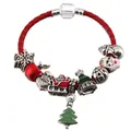 Bracciale di Natale in pelle rossa con Babbo Natale, fiocchi di neve e ciondolo albero verde - Stile Ciondolo Albero di Natale Verde e Pupazzo di Neve (010)