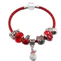 Christmas themed red braided leather charm bracelet with Santa Claus and gift box pendants - 16cm / Santa Claus Face and Faceted Crystal Style (Style 003) / Red