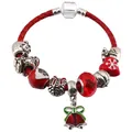 Bracciale natalizio in pelle rossa intrecciata con perle a fiocco di neve e campanelli - Doppi campanellini rossi con fiocco (Stile 006)