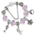 Pink crystal bead charm bracelet with silver crown and key pendants for women - Rose Red / 16cm
