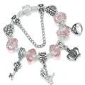Pink crystal beaded bracelet with crown key charms and BEST MOM heart pendant - Pink / 16cm