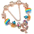Rose gold snake chain bracelet with rainbow beads and winged key pendant for women - 16cm / Wing Keychain Pendant (Style 01)