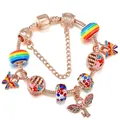 Rose gold snake chain bracelet with colorful enamel butterfly and crystal heart charms - 16cm / Rose Gold - Style 1