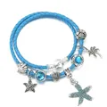 Blue braided leather charm bracelet with sea star pendants and blue crystal beads - 16cm / Sea Star And Palm Tree Style (02 Style)
