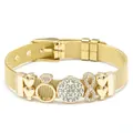Adjustable golden stainless steel mesh bracelet with heart and rhinestone charms - Stainless Steel Mesh Belt / Gold