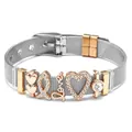 Zilveren 10mm RVS mesh armband met roségouden Love- en hartvormige bedeltjes - Zilveren Band met Rozegouden Bedels