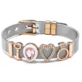 Silbernes Mesh-Armband mit roségoldenen Herz- und Schlüsselanhängern und Edelsteinen - Silbernes Band mit roségoldenen Anhängern
