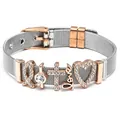 Adjustable 10mm stainless steel mesh bracelet with crystal charms and Love tag - Rose Gold Two-tone