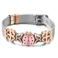 Edelstahl-Netzarmband in Silber mit roségoldenen Marienkäfer- und Schmetterling-Anhängern - Silbernes Band mit roségoldenen Anhängern