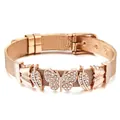 Roségoldenes Edelstahl-Netzarmband mit einem Kristall-Schmetterling und Blatt-Anhängern - Roségold