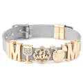 Detail von 10mm Edelstahl-Mesh-Armband mit kristallinen #1 MOM-Anhängern für Damen - Silbernes Band mit goldenen Anhängern
