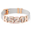 Mesh strap bracelet in silver and rose gold with crystal-encrusted 521 charm and heart wings - 10mm Stainless Steel Mesh / Silver Band with Rose Gold Charms