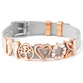 Detail of silver mesh bracelet featuring rose gold angel wings and heart charms - Silver Bracelet With Rose Gold Charms