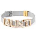 Detailed view of silver mesh bracelet featuring gold tone crystal encrusted AUNT letters - Silver Band with Gold Charms