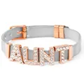 Fashionable mesh band bracelet with rose gold Aunt lettering and pavé crystals - Silver Band with Rose Gold Charms