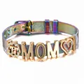MOM-Armband aus Regenbogen-Edelstahlgewebe mit goldenem Herzanhänger und Diamanten - Muttertag MOM Thema (002)
