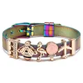 Rainbow mesh strap bracelet with rose gold bee flamingo and lollipop charms - Flamingo Airplane Combo (020)
