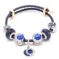Dunkelblau geflochtenes Lederarmband mit Kristallen und Stern-Mond-Anhänger - Dunkelblau Geflochten (Farbe 01)