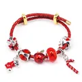 Christmas-themed double-wrap red leather woven bracelet with gold holiday charms - Christmas Tree and Red Gift Box Style