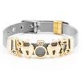 Detailed view of silver mesh bracelet featuring golden Love charms and heart locks - Silver Mesh with Gold Charms