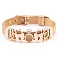 Rose gold Milanese mesh bracelet with heart charms and Love pendants on white background - Rose Gold