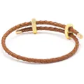 Braided brown leather bracelet with gold sliding clasp and adjustable double loop design - Brown Strap Gold Buckle / 16cm