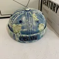 Vintage light blue washed denim Miki Hat with CREATE embroidery and distressed holes - M (56-58cm) / Distressed Blue
