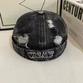 Acid-wash black denim brimless miki hat with distressed details and CREATE embroidery - M (56-58cm) / Black