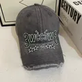 Close-up of vintage distressed grey baseball cap with high-quality 3D letter embroidery - M (56-58cm) / Gray