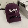 Distressed purple baseball cap with gothic Monster embroidery and punk metal rivets - M (56-58cm) / Purple