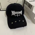 Distressed black baseball cap with Gothic embroidery and metal studs in streetwear style - M (56-58cm) / Black