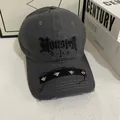 Detail of gothic MONSTER embroidery and silver pyramid studs on distressed grey cotton cap - M (56-58cm) / Gray