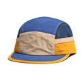 Detailopname van een ademende 5-panel pet met mesh en driekleurig contrasterend design - M (56-58cm) / Blauw