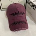 Deep red street style baseball cap with black 1994 flame embroidery and distressed brim - M (56-58cm) / Purple