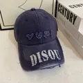 Vintage navy blue distressed baseball cap with graffiti embroidery and frayed details - M (56-58cm) / Navy Blue