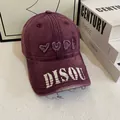 Vintage burgundy washed baseball cap with 3D embroidery and distressed brim details - M (56-58cm) / Purple