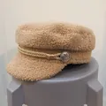 Detail of beige lambskin navy hat with golden twisted rope and vintage crest button - M (56-58cm) / Camel