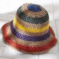 Colorful striped crochet straw bucket hat with textured weave for sun protection - M / Khaki