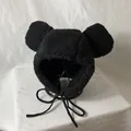 Winterliche Plüsch-Fliegermütze in Schwarz mit süßen Ohren und Bindebändern - M (56-58cm) / Schwarz