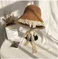Handgewebter Strohhut in Braun mit breiter weißer Spitze und dekorativen Spitzenbändern - M(56-58cm) / Khaki
