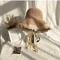 Beiger geflochtener Strohhut mit breiter Krempe und eleganten Spitzenbändern für den Strand - M(56-58cm) / Rosa