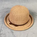 Close-up of light brown woven straw hat with a slim dark ribbon and side bow detail - M(56-58cm) / Khaki
