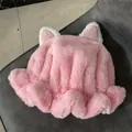 Detail of pink plush bucket hat featuring cute cat ears and soft faux rabbit fur texture - M(56-58cm) / Pink