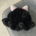 Close-up of black plush bucket hat with cute cat ears and ruffled wavy edge detail - M(56-58cm) / Black