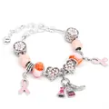 Silver snake chain charm bracelet with pink enamel ribbon and floral glass beads - Beaded Multi-Pendant Style / Pink / 16cm
