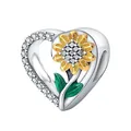 Silver heart charm with sunflower design and green enamel leaves for bracelets - 034