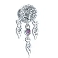 Silver Tree of Life charm with purple stone and leaf dangles - Tree of Life Dreamcatcher Pendant with Purple Stone (B-27) / 5 Pieces Pack